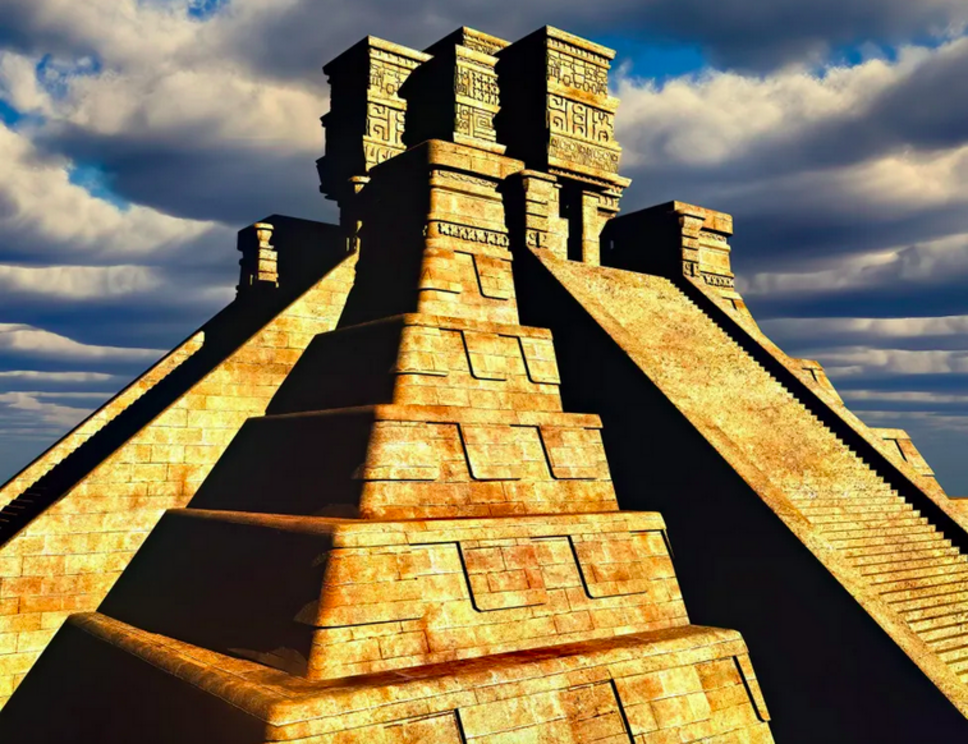  An illustration of a large stepped pyramid with a blue cloudy sky in the background.